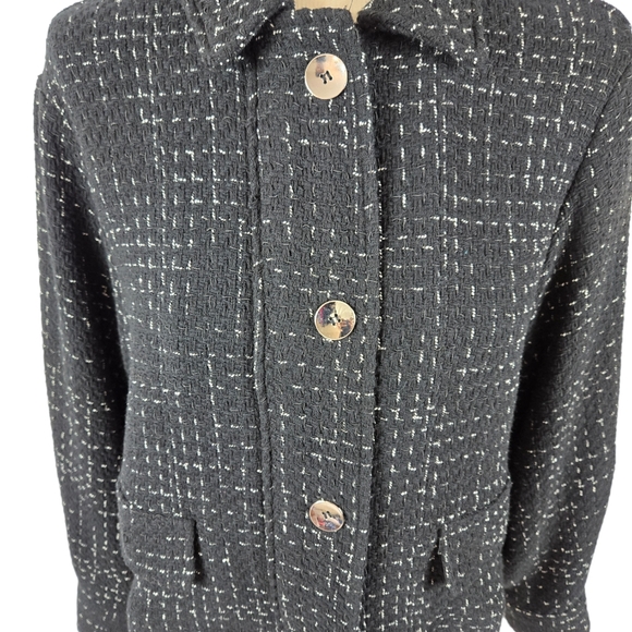 Zara Structured Tweed Black Jacket Silver Metal Buttons - Picture 7 of 16